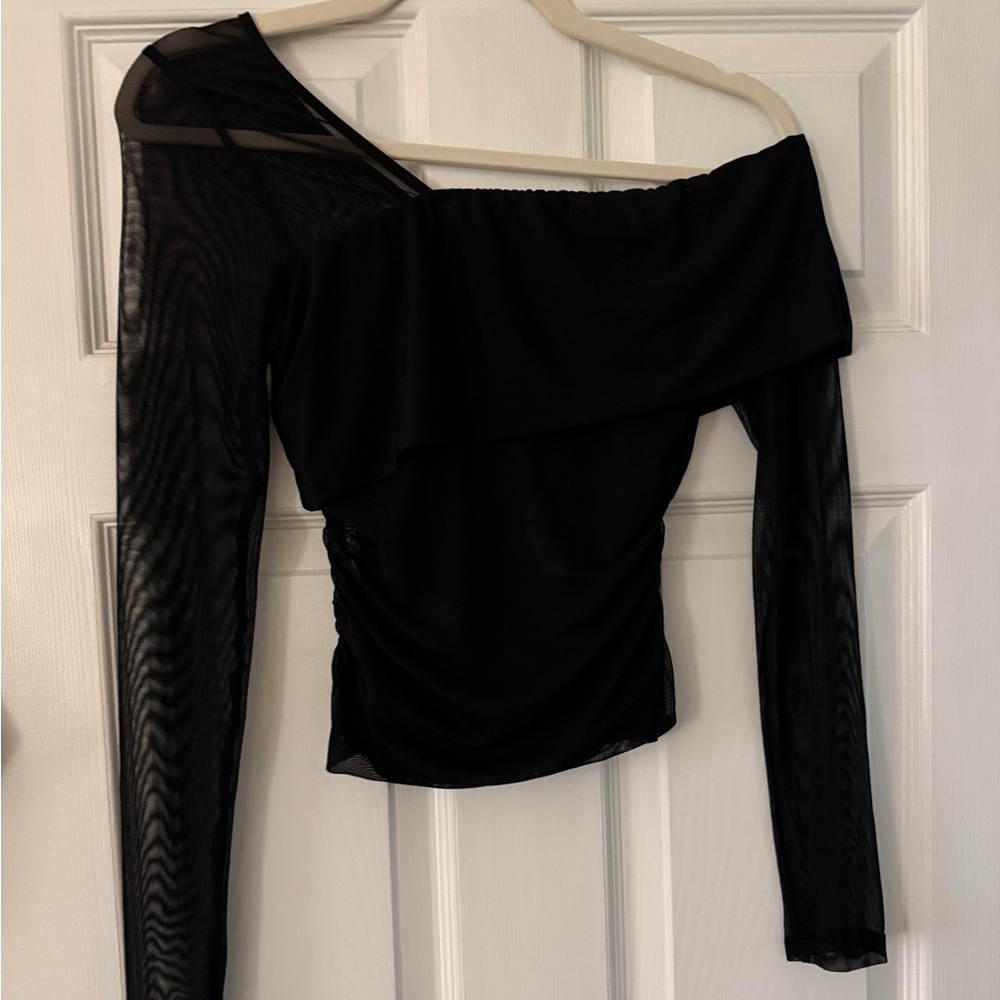 Black One-Shoulder Mesh Top